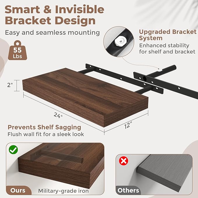 Marsmiles 12" Deep Floating Shelves for Wall with Invisible Brackets, Wall Mounted Engineered Wood Shelves with Wood Grain for Living Room, Bedroom, Kitchen Decor and Storage, 24" L Set of 2, Walnut