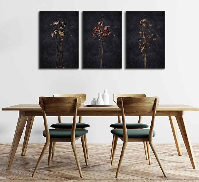 3Pcs Dark Floral Canvas wall art Moody Dried Wildflower Posters Pictures Nature Wilderness Botanical Paintings Abstract Prints for Living Room Bedroom Office Modern Farmhouse Wall Decor Framed