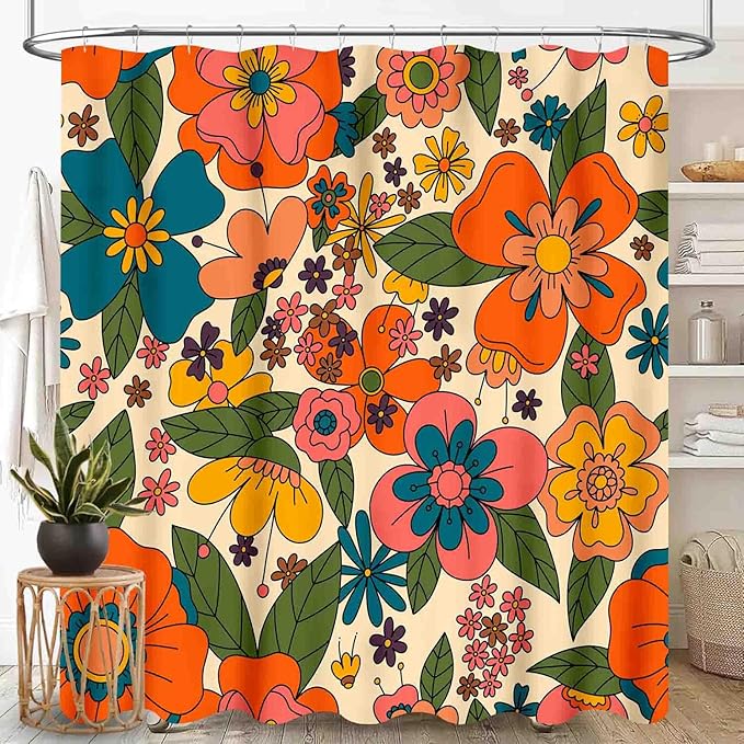 Hippie Floral Shower Curtain, Retro 70s Vintage Orange Daisy Groovy Cute Flower Aesthetic Boho Funky Trippy Colorful Waterproof Fabric Bath Shower Curtain Set with Hooks, 72"x72" Inch