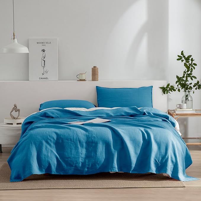 EVERLY Linen Queen Sheets Set, 100% Stonewashed French Linen Bed Sheets Deep Pocket Sheets, 4 Pieces (1 Flat Sheet, 1 Fitted Sheet, 2 Pillowcases) Natural Flax Bedding Set-Blue