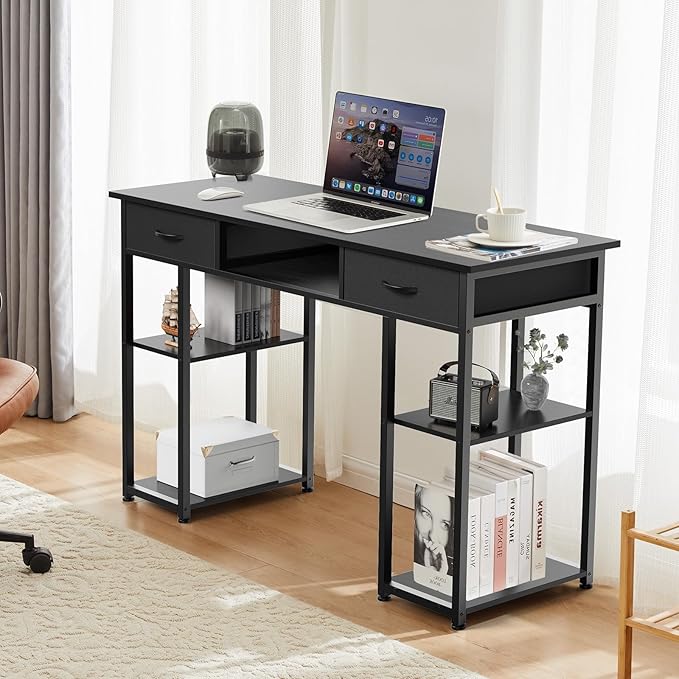 DUMOS 48" Small Computer Home Office Desk for Bedroom with Drawers, Gaming Writing Study Table with Storage Shelf, Adjustable Feet, Compact Desk for Gaming and Home Office Use, Metal Frame Black