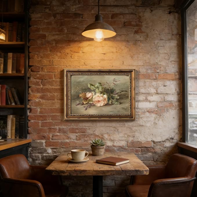 Vintage Gold Framed Flower Still Life Wall Art Retro Rose and Wildflower Wall Decor Pink Floral Print artwork Farmhouse Country Flower painting Picture for Gallery Kitchen Living Room Bedroom 16X24in