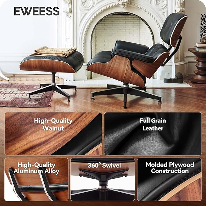 Top Black Grain Leather, Mid Century Chaise Lounge Chair and Ottoman, Modern Chair Classic Design, Walnut Wood, Heavy Duty Base Support for Living Room Study Lounge Office