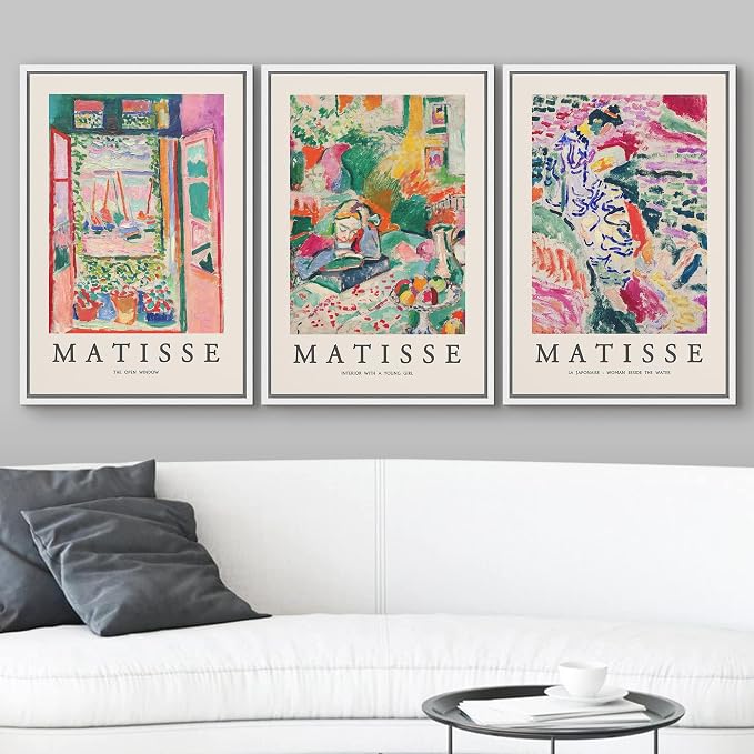 wall26 Framed Canvas Wall Art Print Set French Floral Rainbow Landscapes Henri Matisse Nature Plants Illustrations Modern Relax/Calm Multicolor for Living Room, Bedroom, Office - 16"x24"x3 White