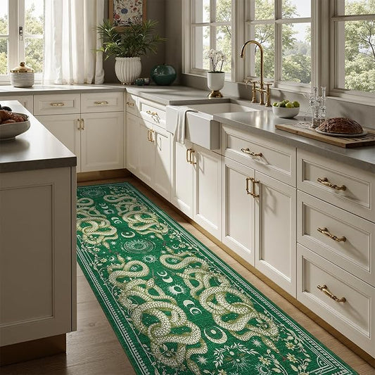 DCX Washable 2x6 Snake Runner Rug, Green Gothic Rug for Living Room, Soft Low Pile Carpet, Kid & Pet Friendly with Rubber Back Non Slip, Stain Resistant Rug for Bedroom Dining Room Office