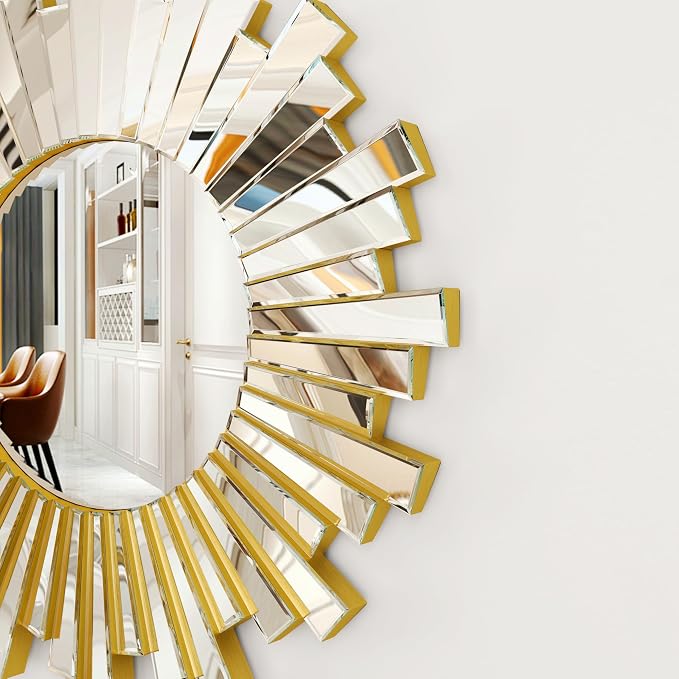 Sunburst Round Wall Mirror - 26" Large Starburst Decorative Mirror with 3D Beveled Glass Frame, Modern Frameless Unique Wall Decor for Living Room, Dining Room, Entryway, Fireplace