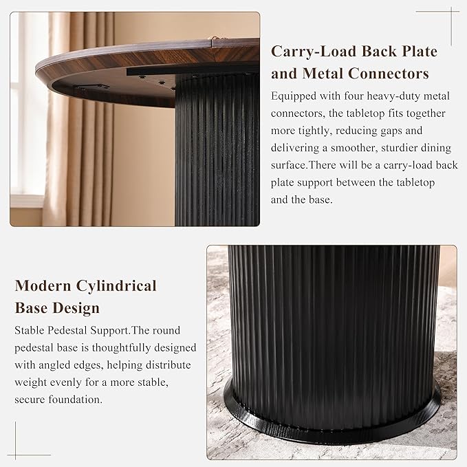 T4TREAM 47" Fluted Round Dining Table for 4-6, Mid-Century Modern Kitchen Table with Thickened Edge & Cylindrical Base for Dining Room, Kitchen, Living Room,Walnut & Black(Table Only)