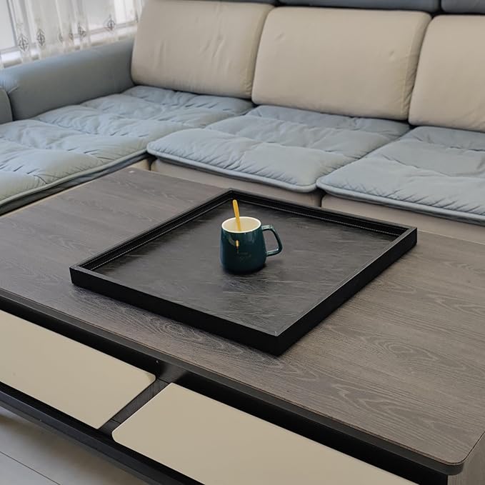 20 x 20 inches Luxury Leather Square Oversized Service Tray, Ottoman & Coffee Tray for Family Dinner, Out-of-House Picnic & Party (Black)