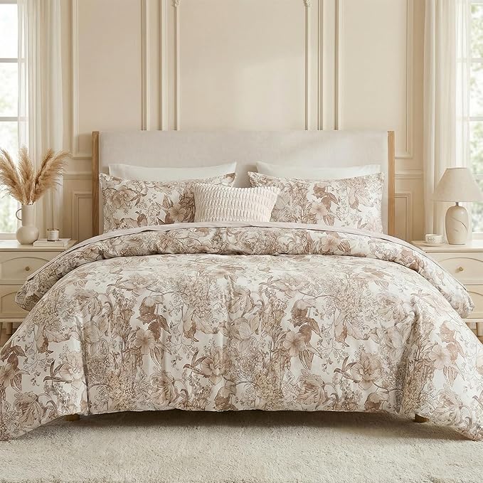 Khaki Floral Duvet Cover King Size 100% Cotton Vintage Botanical Duvet Cover Set 3 Pcs Soft Flower Bedding Set Breathable and Lightweight