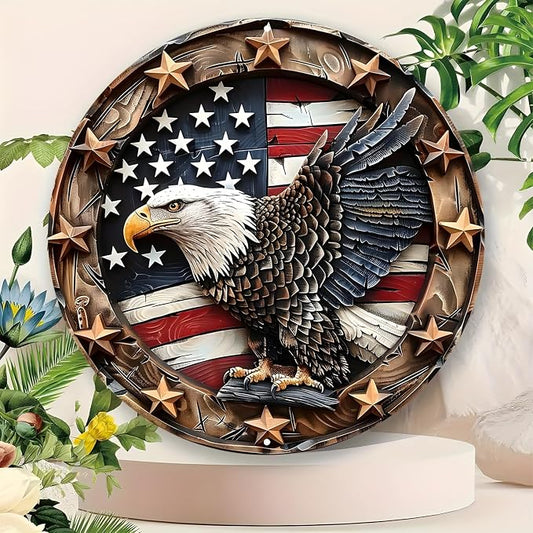 Eagle Wings Patriotic Aluminum Metal Wall Art - Weatherproof Round American Flag with Bald Eagle Decor, Pre-Drilled HD Print Sign for Home, Garage, Bar, Cafe7.98x7.98Inch Diameter