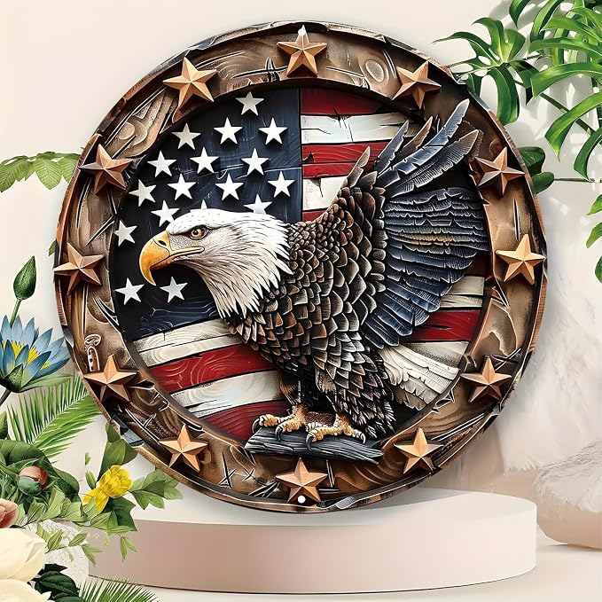 Eagle Wings Patriotic Aluminum Metal Wall Art - Weatherproof Round American Flag with Bald Eagle Decor, Pre-Drilled HD Print Sign for Home, Garage, Bar, Cafe - 8-Inch Diameter