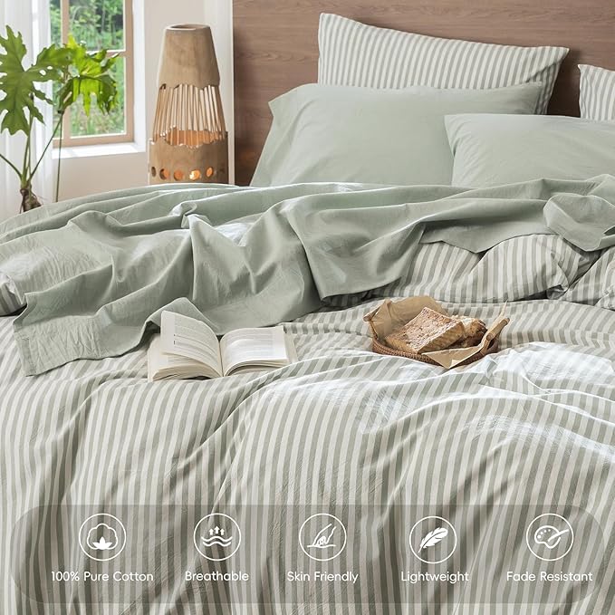 MooMee Bedding Sheet Set 100% Washed Cotton Linen Like Textured Breathable Durable Soft Comfy (Heathered Sage Green, Queen)