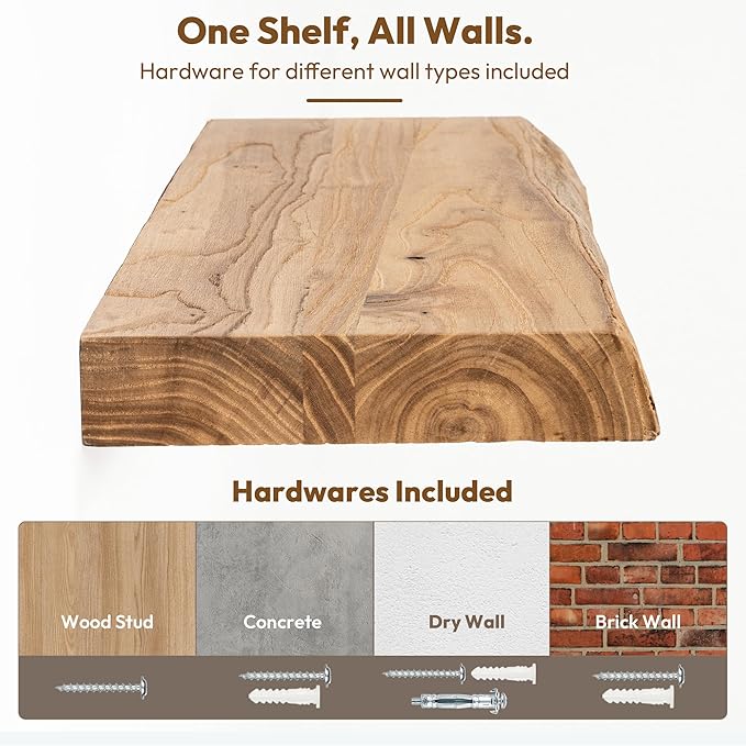 Vivelove Live Edge Floating Shelves for Wall Solid Elm Wood, Rustic Farmhouse Wall Shelf with Invisible Bracket for Living Room Bedroom Bathroom Office Book, 24 Inches - Set of 2 - Natural