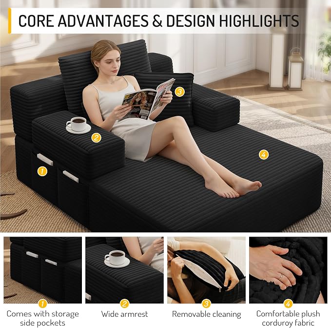 48.5" Oversized Chaise Lounge Chair Indoor, 3-in-1 Convertible Sleeper Sofa Bed, Plush Corduroy Boneless Chaise with 3 Pillows & Side Pockets, Adjustable Back/Armrest for Living Room -Black