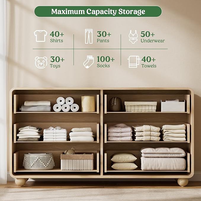 Lulive Wood Dresser for Bedroom, 53” Wide Chest of Drawers with 6 Drawers, Modern Closet Storage Drawer with Curved Profile Design for Living Room, Hallway, Entryway, Natural