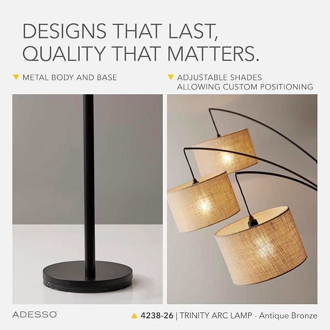 Adesso Arc Floor Lamp with 3 Movable Shades & Dimmable Brightness - Perfect Lighting for Bedroom, Living Room and Corner Decor, Antique Bronze