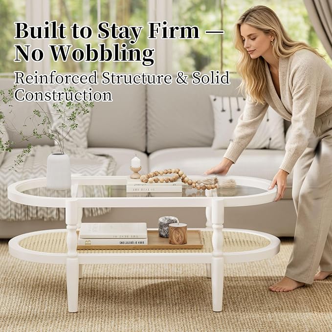 Rattan Coffee Table, Oval Cocktail Table with Glass Top and Solid Wood Frame, Boho Indoor & Outdoor Coffee Table, White, 40 in