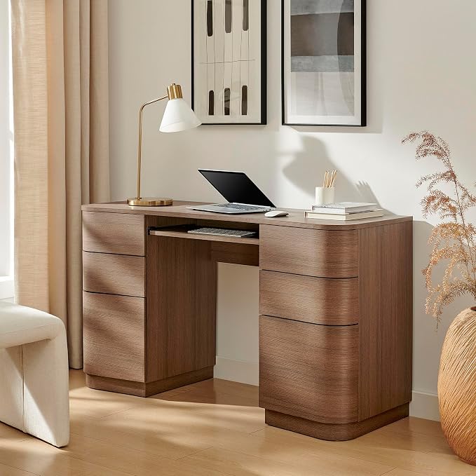 Modway Mirae 55 Inch Computer Desk with Drawers in Brushed Brown Oak – Modern Compact Office Desk with Keyboard Tray, Curved Edges, and 6 Storage Drawers for Bedroom, Dorm Room, or Vanity Setup