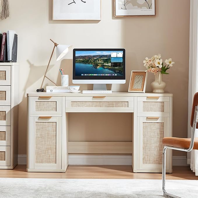 LEYAOYAO 56'' Rattan Farmhouse Executive Desk with Drawers, Wood Home Office Desk with File Cabinet and Metal Handles, Large Vintage Computer Desk for Home, Bedroom, Living Room （Grey）