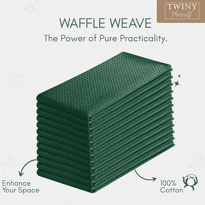 TWINY threads Kitchen Towels - Set of 6, 100% Cotton Waffle Weave Easter Dish Towels with Hanging Loop, Soft and Washable for Table Cleaning, Dinning, Parties - 16"X 26" - Olive Green