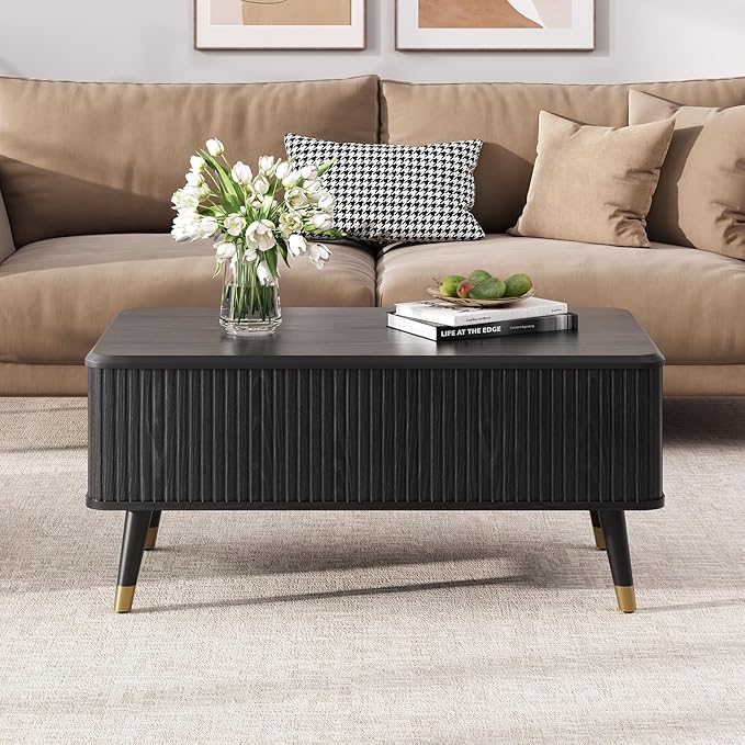 Lift Top Coffee Table with Storage, Mid Century Modern Rectangular Center Table, Fluted Design with Hidden Compartment, Rising Desk for Work from Home, Living Room Furniture, Black Finish