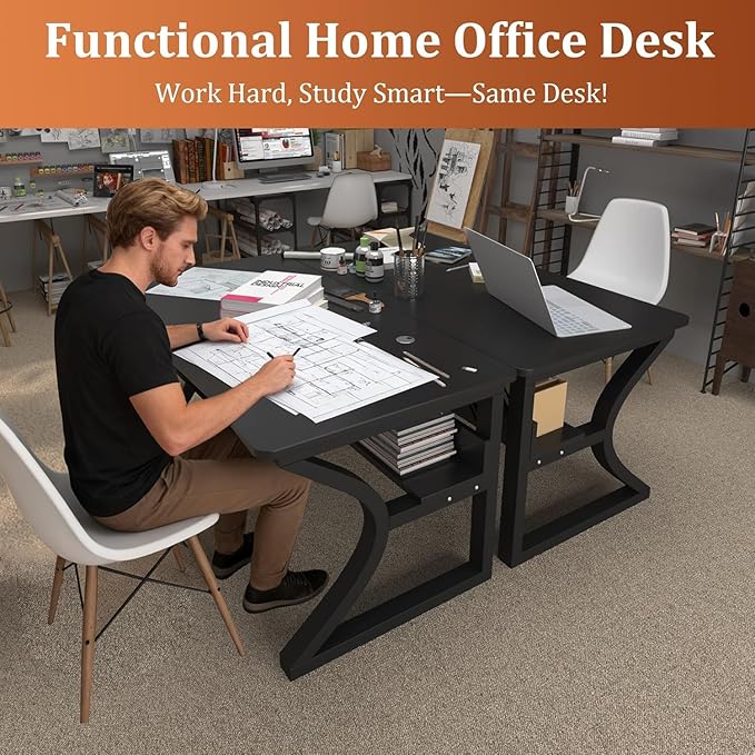 55 X 23.6'' Computer Desk, Home Office Desks w/Shelf Storage, Computer Desk w/Metal Frame, Cable Management, Study Student Desk Writing Work Table Deeper & Thicker Desktop for Home Bedroom