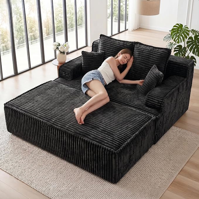 Chaise Lounge Chair Indoor,Boneless Chair with Ottoman,Comfy Reading Chair for Adults,Small Sofa Bed Couch for Living Room,Double Size,Black