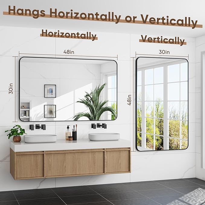 Bathroom Mirrors for Over Sink 48" x 30", Black Metal Frame Rounded Corner Rectangle Wall Mirror, Modern Farmhouse Vanity Mirror(Horizontal/Vertical)
