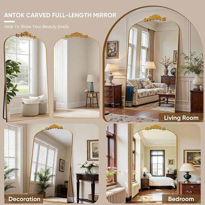 Antok Arched Full Length Mirror, 72"x44" Floor Mirror with Carved, Full Body Mirrors for HomeDecor, Standing/Halling Large Wall Mirror for Bedroom, Living Room, Cloakroom, Gold, Retro Style