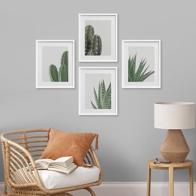 SIGNWIN Framed Green Cactus Snake Plant Wall Art, Set of 4 Collage Desert Landscape Wall Decor Prints, Nature Wilderness Wall Décor for Living Room, Bedroom - 12"x16" White