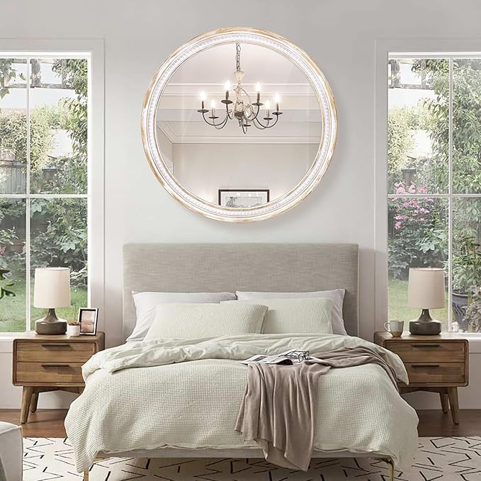 Farmhouse Round Wood Mirror 30 Inch, Rustic Boho Circle Decorative Mirrors for Bathroom, Living Room, Entryway, Bedroom, Hallway