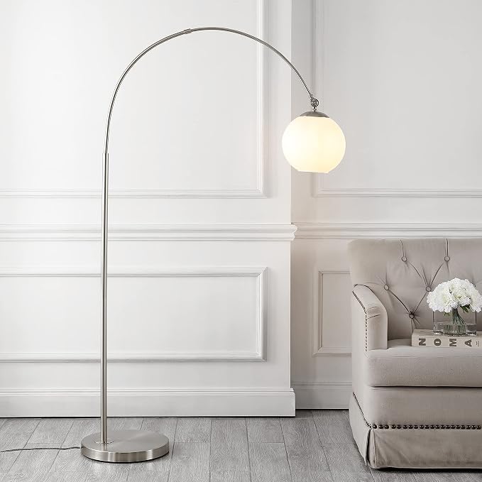 JONATHAN Y 71" Nickel/White Nora Arc Floor Lamp, Mid-Century Modern Standing Light, Vintage Iron LED Arched Reading Lamp with Mercury Glass Shade, LED Bulb Included (JYL3089B)