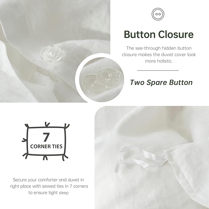 Simple&Opulence 100% Linen Duvet Cover Set, Natural French Flax White Duvet Cover Twin Size, Breathable Soft Comfy Linen Bedding Comforter Cover with 1 Pillowcase(White, 68"x86")