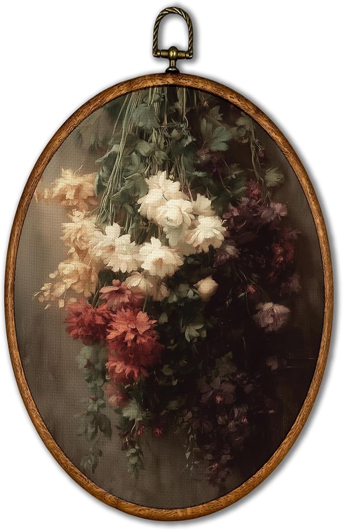 KSDUT Retro Flower Wall Art Decor - Mid Century Modern Neutral Wall Art Canvas Frame Hanging Prints, Vintage Dark Academia Floral Oval Artwork Decor for Gallery Home Decorations 8.6"x11.4"