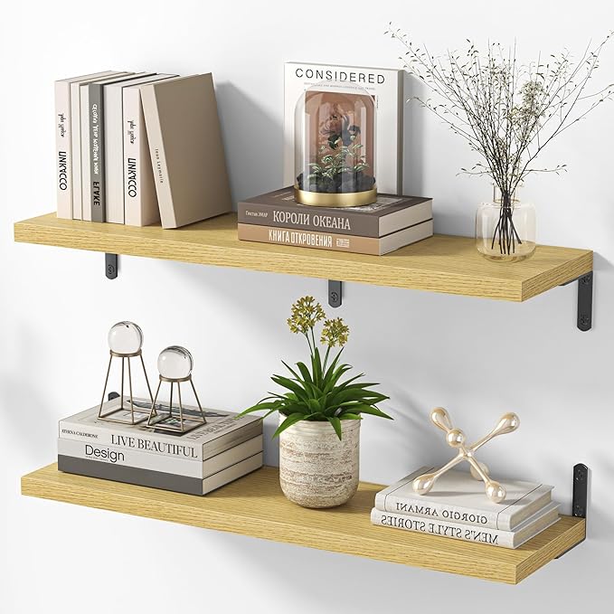 Marsmiles Extra Wide Floating Shelves for Wall, 32x8 Inch Natural Wood Grain Bookshelves, Heavy Duty Mounted Shelving for Bathroom, Kitchen, Living Room, Bedroom,Set of 2，Oak