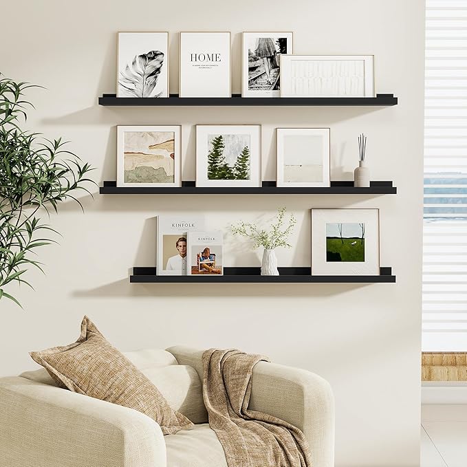 Fun Memories Picture Ledge Shelf, Black Floating Shelves Set of 4, 36 Inch Picture Shelves for Wall with Ledge, Large Nursery Book Shelf for Toys Storage, Living Room, Bedroom Decor Frames