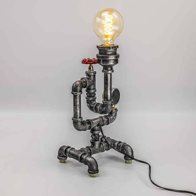 Steam Punk Lamp with Dimmer, Dimmable Loft Style Industrial Vintage Antique Style Light, Iron Piping Aged Rustic Metal Desk Lamp, Snider QTF-SJ03