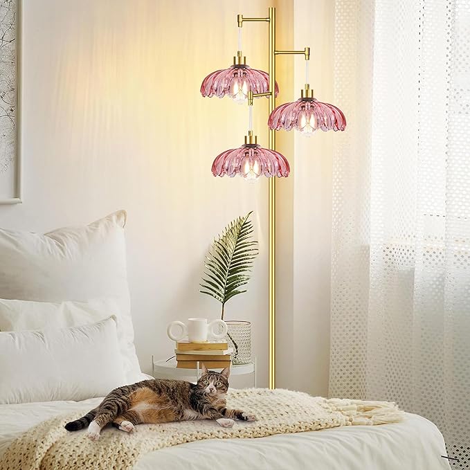 ILLMTW Pink Floor Lamp for Living Room,Bedroom,Gold Flower Mid Century Modern Standing Lamp Brass Tree 3 Light Tall Floor Lamps Vintage Floor Lights Glass Lamp Shade Farmhouse Boho Bohemian