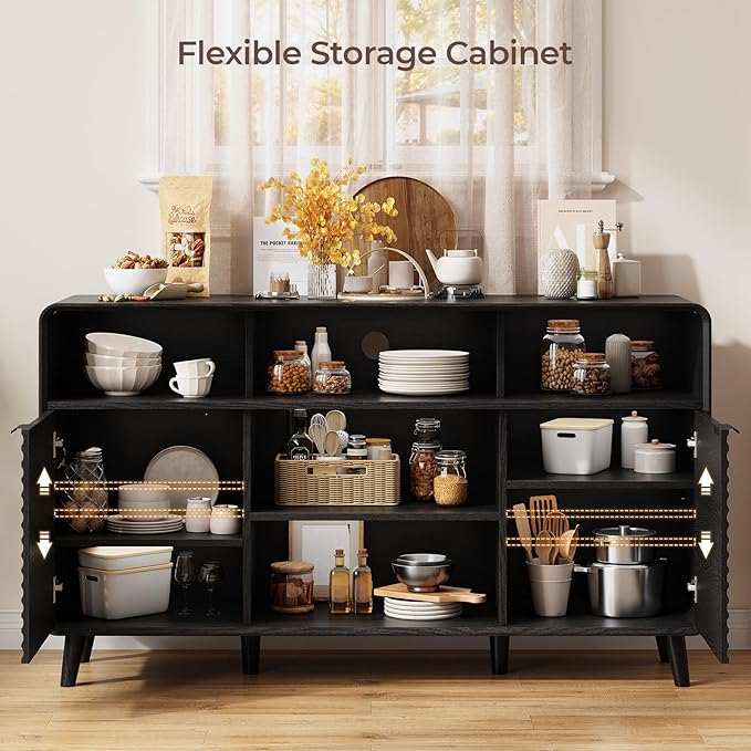 58 Inch Buffet Cabinet with Storage, Curved Buffet Sideboard w/2 Doors, Open Storage Shelf, Adjustable Shelves, Wooden Coffee Bar Cabinet for Kitchen, Living Room, Black