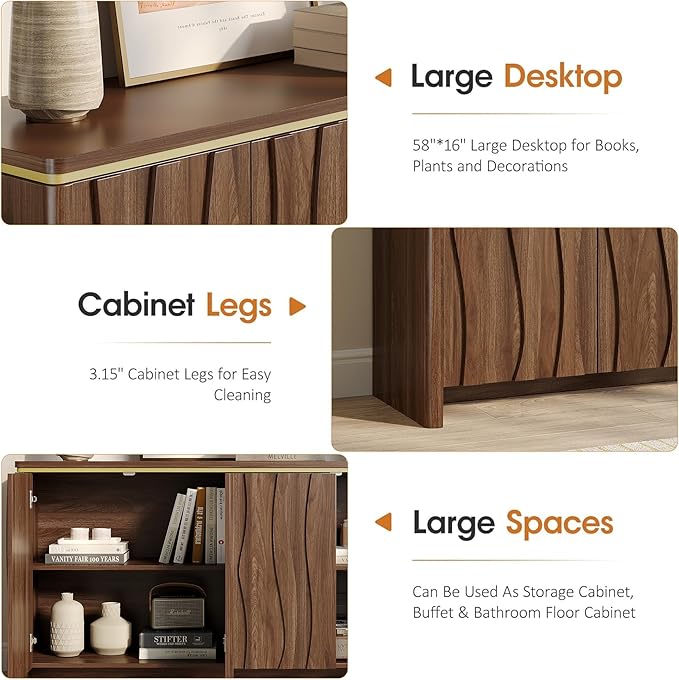 Vabches Fluted Buffet Cabinet with Storage, 3D Ripple Pattern Doors and Curved Edges, Modern Sideboard for Kitchen, Entryway, 4 Doors & Adjustable Shelf, Walnut Wood, 57.9" W