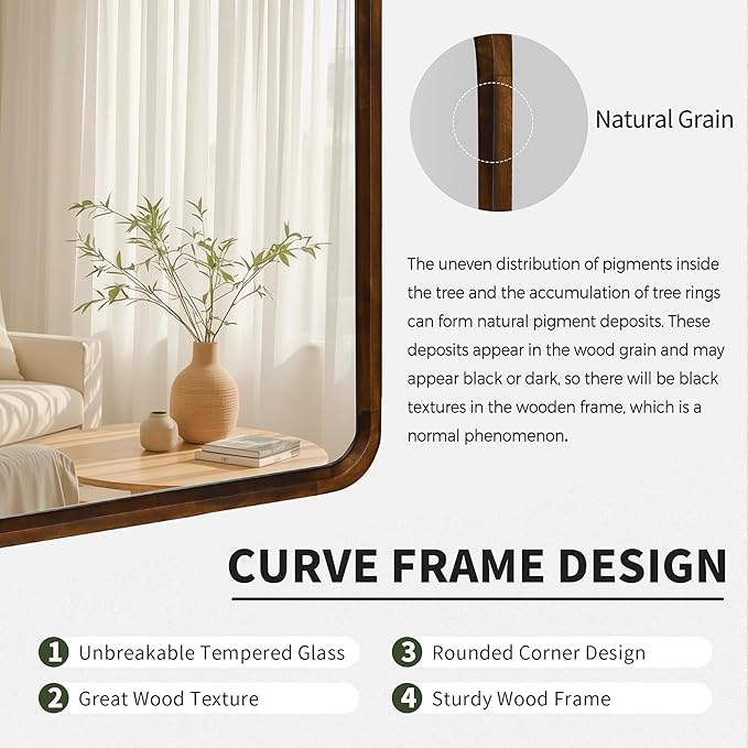 Bathroom Mirror for Wall,Wood Rectangle 30 x 40 inch Hanging Vatiny Tempered Mirrors with Rounded Corner for Living Room,Bedroom,Entryway