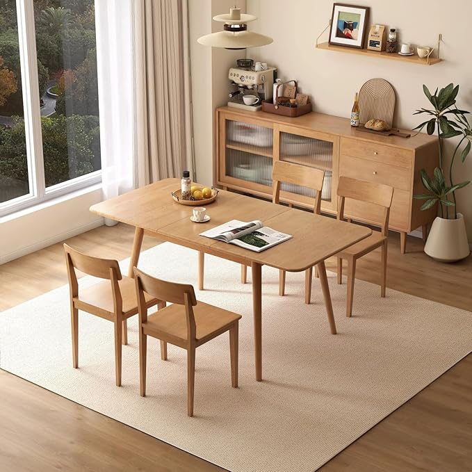 47’’-63’’ 100% Oak Extendable Dining Table and Chairs Set for 2, Solid Wood Folding Kitchen Table, Mid Century Modern Dinner Table for Kitchen, Living Room, Natural (47''-63''+2 Cushion Chairs-YA)