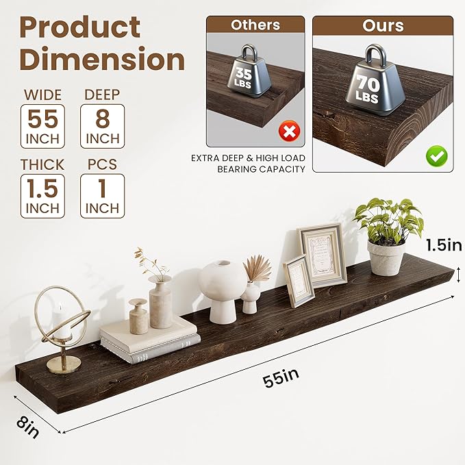 Extra Deep 55" Long Live Edge Rustic Floating Shelves for Wall, Solid Wood Wall Shelves with Invisible Bracket Mount for Living Room Bathroom Bedroom Kitchen, Set of 1, Natural