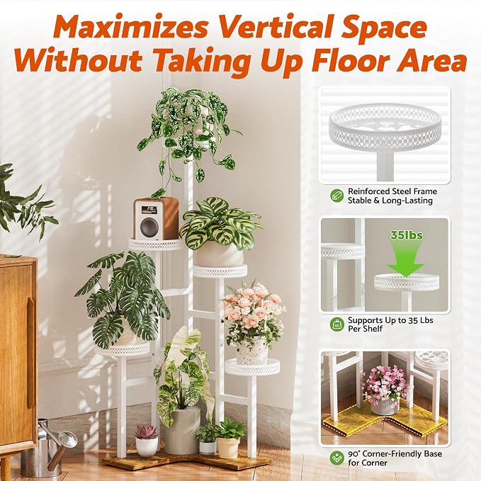 Tiered Plant Stand Outdoor,5 Potted Corner Plant Stands Tall Indoor, Metal Planter Display Rack for Multiple Plants, Wood Tall Plant Rack Shelf for House Patio LivingRoom - WhiteWave