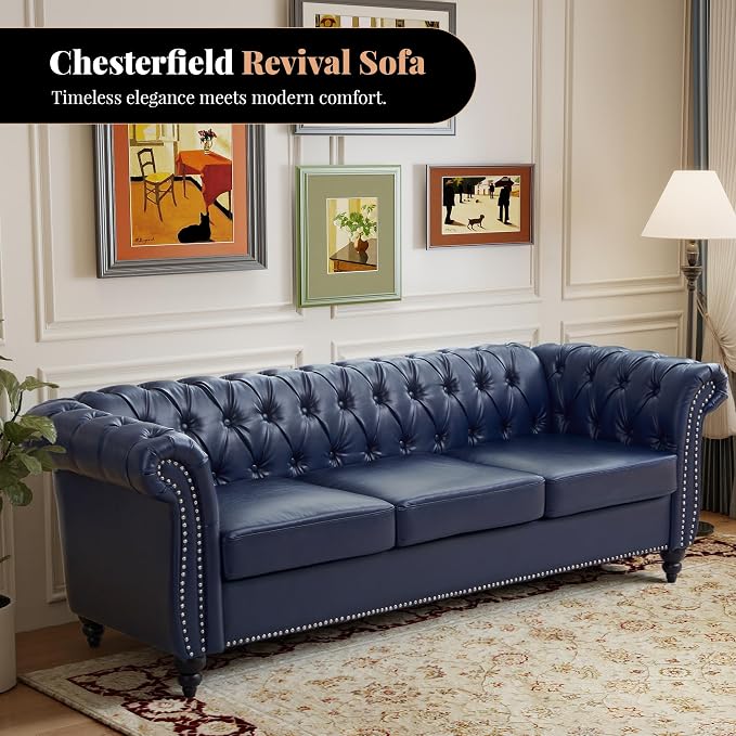 LEVNARY Chesterfield Sofa, 3 Seater Tufted Couch for Living Room, Classic Button Tufted Upholstered Sofa, Modern Mid-Century PU Leather Sofa (Blue)