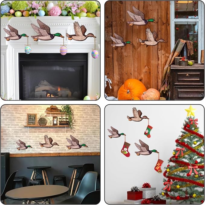 FLHRSM Mallard Duck Baby Stuff 3PCS, Wooden Mallard Ducks Hunting Wall Decor Vintage Farmhouse Wall Art, Nursery Living Room Decor Rustic Baby Shower Party Gifts, Carved Flying Birds Hanging Signs