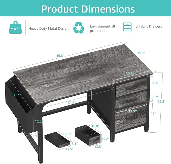 Lufeiya Computer Desk with File Drawers Cabinet, 47 Inch Home Office Desks with Filing Cabinet for Small Space, Gaming Study Writing Table PC Desks, Gray