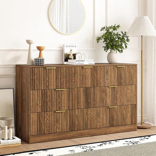 7 Drawers Dresser for Bedroom，55" Wide Fluted Dresser with Deep Drawers, Modern Chest of Drawers, Mid Century Wood TV Stand Storage Organizer for Closet, Living Room, Hallway, Natural
