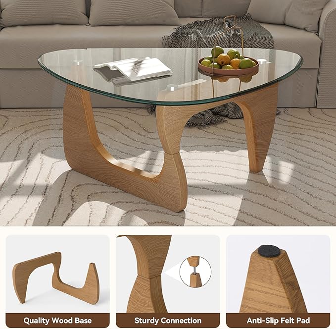Modern Glass Coffee Table, Triangle Center Table with Tempered Glass Top& Unique Wooden Base, 42.5” Mid Century Tea Tables for Living Room, Apartment, Office,Wood &Transparent