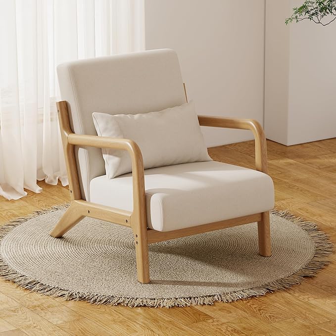 Solid Wood Accent Chair Mid-Century Modern Lounge Armchairs, Fabric Upholstered Soft Comfy Living Room Chairs with Armrest Waist Cushion Pillow for Office Reading Waiting Room (Off-White)
